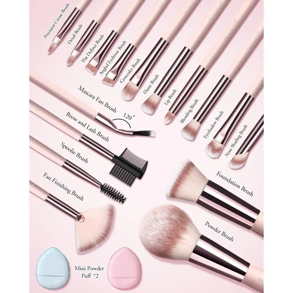 20 Pcs Pink Travel Makeup Brush Set With Led Light Mirror Holder & 2 Powder Puff